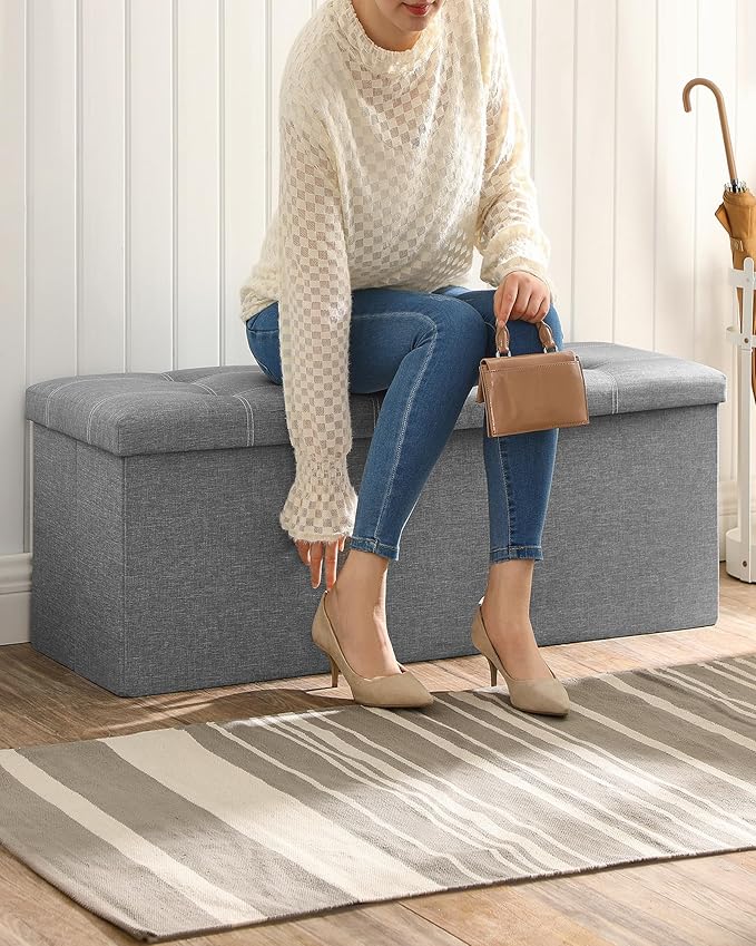 SONGMICS MAZIE Collection - 43 Inches Ottoman Storage Bench, 35 Gal. Folding Chest with Breathable Linen-Look Fabric, Load up to 660 lb, for Entryway, Living Room, Bedroom, Light Gray ULSF077G05-Ruum Studio Home