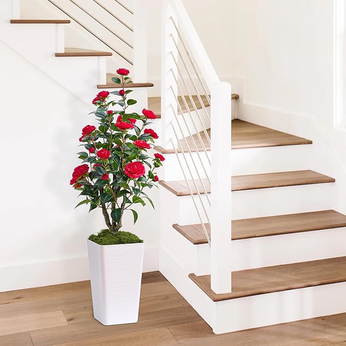 Artificial Camellia Tree 4FT Faux Trees Indoor Fake Floral Plant Blooming Tree with Red Flowers & White Tall Planter, Faux Camellia Plants for Porch Home Room Bedroom Office Front Door Outdoor Decor-Ruum Studio Home