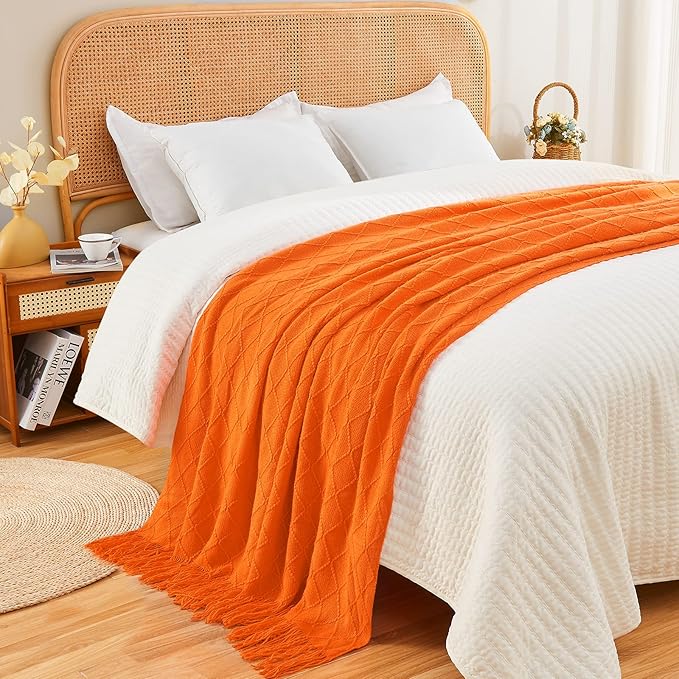 inhand Fall Throw Blanket Burnt Orange for Couch, Soft Living Room Home Decor Knitted Twin Size Blanket, Outdoor Lightweight Breathable Summer Blanket, Farmhouse Warm Woven Decorative, 60"x80"-Ruum Studio Home