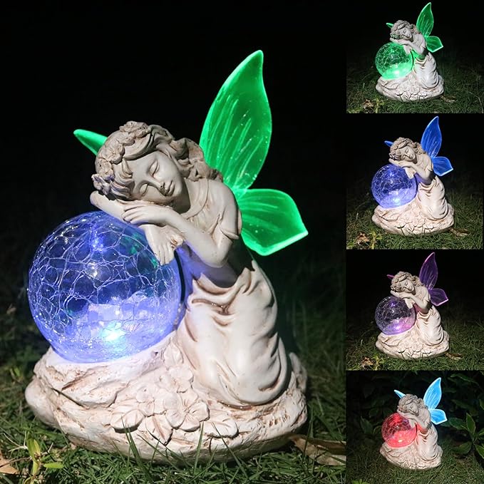 Solar Angel Garden Statue Outdoor Decor with Crackle Glass Globe Color Changing Light Angels Garden Figurines Garden Decor Lawn Ornaments for Patio Yard Lawn-Ruum Studio Home