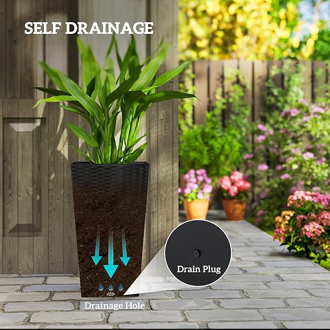 Outsunny Tall Planters for Outdoor Plants Set of 3, 24 in Taper Planters with Drainage Holes, Rattan Decor Plant Pots for Indoor Outdoor Front Porch Patio Backyard, Black-Ruum Studio Home