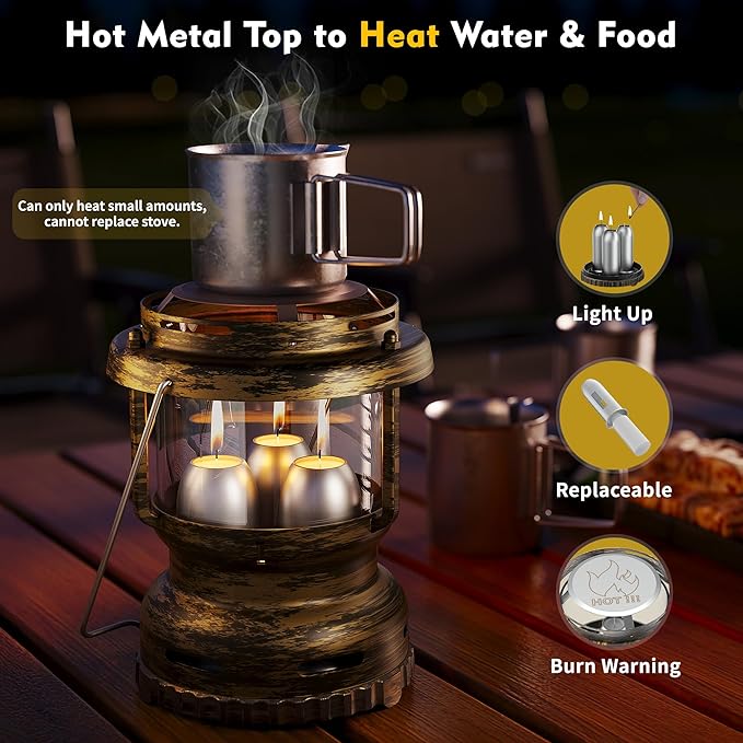3-Wick Emergency Candle Lantern for Power Outages [18H+ Burning Time] Vintage Decorative Candle Lantern for Real Candles, Outdoor Portable Camping Survival Lighting [7.1"*5.7" - Vintage Brass]-Ruum Studio Home