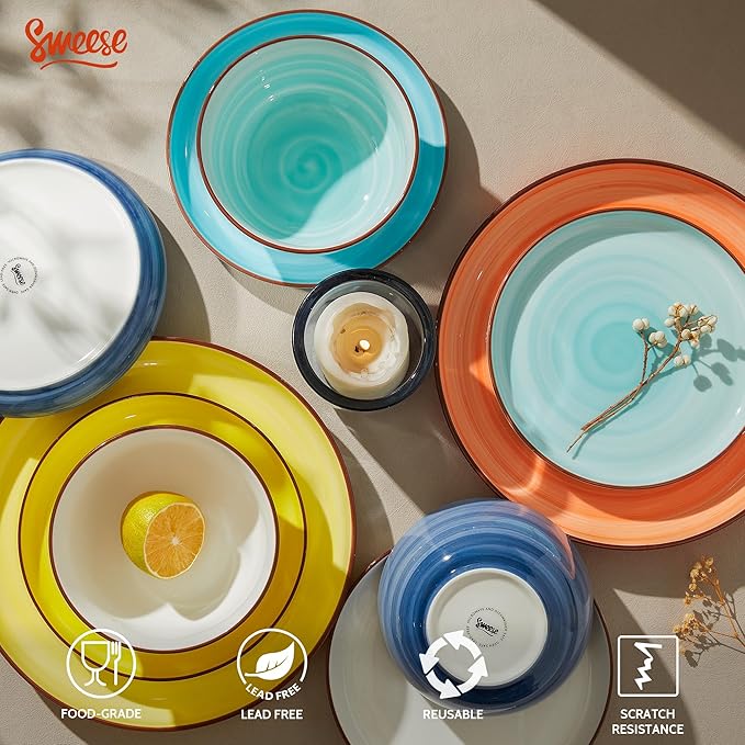 Sweese Plates and Bowls Sets, 18 Piece Dinnerware Set Porcelain Round Dinner Set for 6, Scratch Resistant Dishes Set, Dishwasher Oven Microwave Safe Handpainted Swirl Dishware Sets, Assorted Colors-Ruum Studio Home