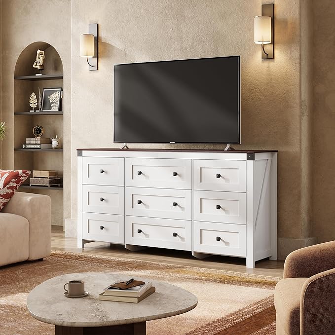 WLIVE Farmhouse Dresser for Bedroom, 63" Wide 9 Drawer Dresser Storage Organizer, Wood Chest of Drawers for Bedroom, TV Stand for 70 inch TV, for Living Room, Hallway, Ball Bearing Slide (White)-Ruum Studio Home