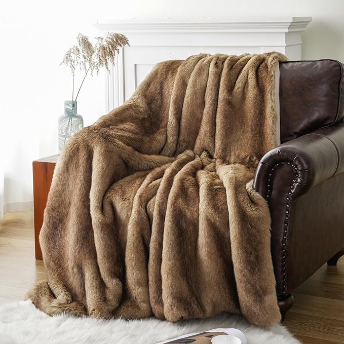 BATTILO HOME Luxury Camel Faux Fur Throw Blanket, Soft Cozy Warm Mink Fur Blanket for Bed, Home Decor, Large Striped Fur Blankets and Throws Faux, 60"x80"-Ruum Studio Home