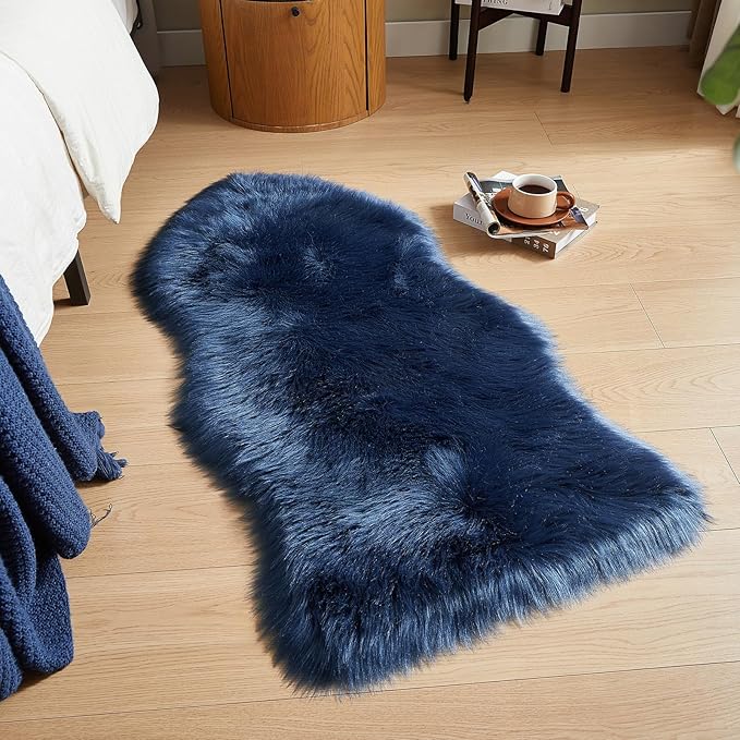 AMTOVO Faux Fur Rug, Dark Blue Area Rug, Fluffy Sheepskin Rug, Fuzzy Ultra Soft 2 x 4 ft Shag Rugs for Bedroom Sofa Throw Cushion Room Decor, Sheepskin-Ruum Studio Home