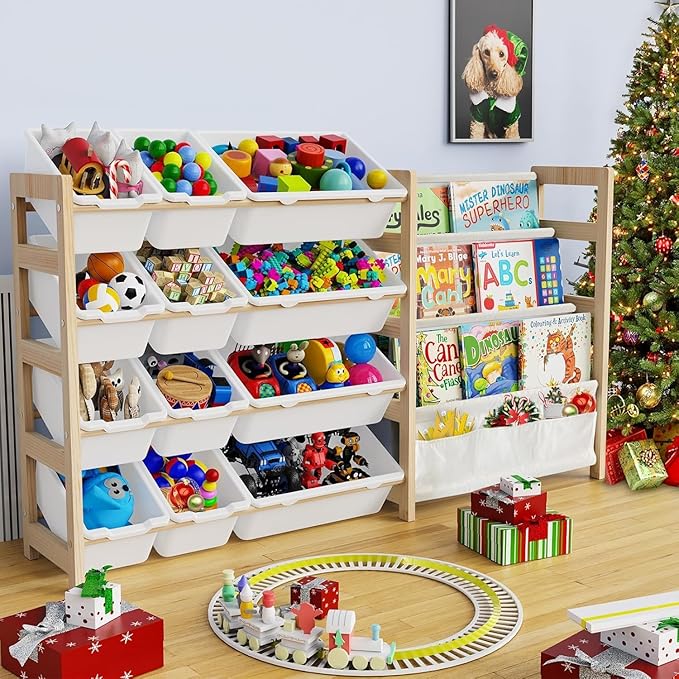Large Toy Storage Organizer with Bookshelf, Toy Organizers and Storage with 12 Storage Bins, 4 Tier Multipurpose Toys Organizer Storage for Kids Room, Playroom, Nursery Room, White-Ruum Studio Home