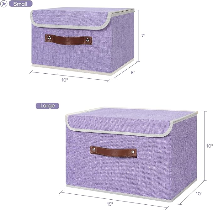 ANMINY Storage Bin with Lid Storage Boxes with PU Leather Handles PP Plastic Board Decorative Foldable Lidded Cotton Linen Fabric Home Cubes Baskets Closet Organizer Container - Purple, Small Size-Ruum Studio Home
