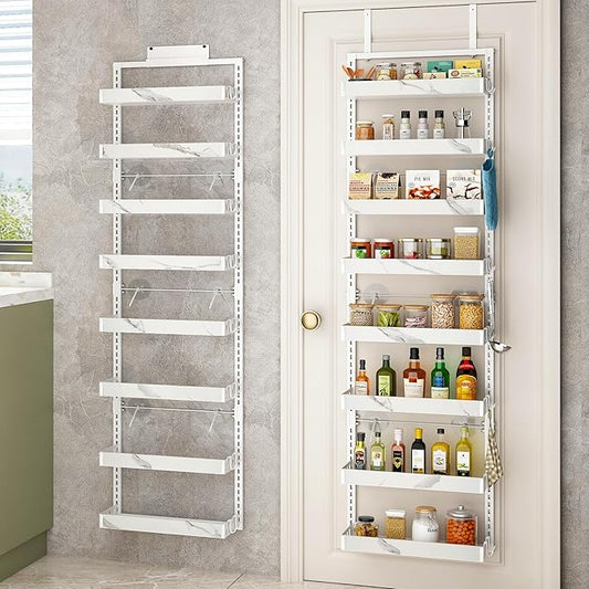 bukfen Over the Door Pantry Organizer,8-Tier Adjustable Basket Kitchen Pantry Door Organization and Storage, Heavy-Duty Metal Hanging Kitchen Spice Rack,D6.3 x W17.32 x H66.93 inch,White Marble Color-Ruum Studio Home