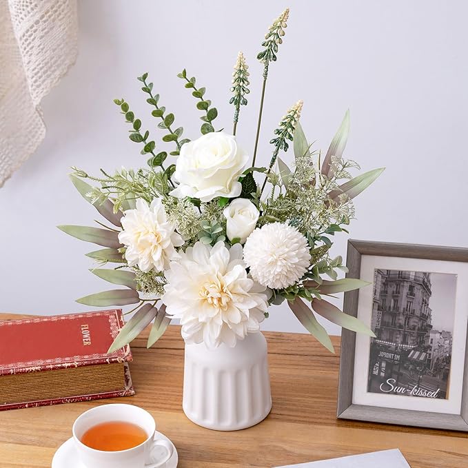 Fake Flowers in Vase, Artificial Flowers with Vase, 15.7'' Floral Arrangements for Dining Table Centerpiece Decor, Silk Roses & Faux Dahlia Bouquet for Farmfouse Kitchen Coffee Table Decor (White)-Ruum Studio Home
