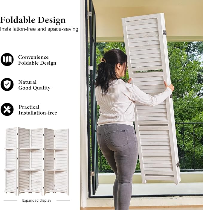 Partition Room Dividers, Folding Wood Privacy Screen with Three Display Shelves Suitable for Home Office, Study, Art Display - 5 Panel, 67 * 64inch (White-Washed)-Ruum Studio Home