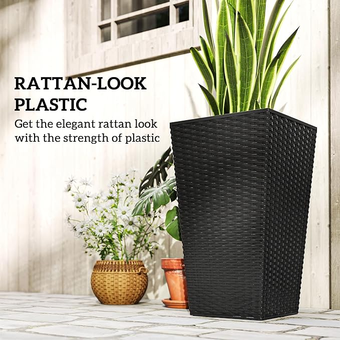 Outsunny Tall Planters for Outdoor Plants Set of 3, 24 in Taper Planters with Drainage Holes, Rattan Decor Plant Pots for Indoor Outdoor Front Porch Patio Backyard, Black-Ruum Studio Home