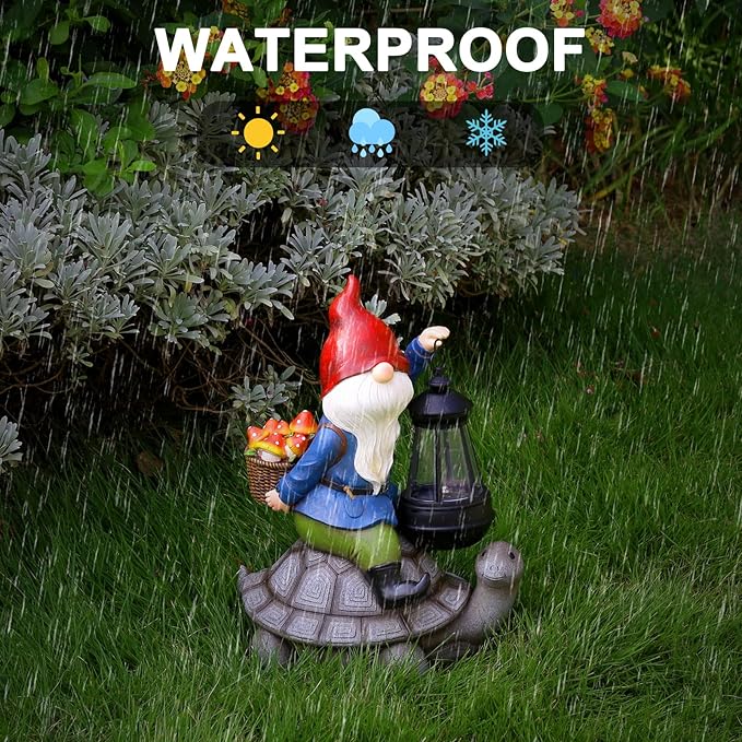 Gnome and Turtle Garden Decor, Large Outdoor Garden Sculptures & Statues, Outside Patio Yard Lawn Decorations, Housewarming for Women, Mom, Grandma with Solar Lantern-Ruum Studio Home