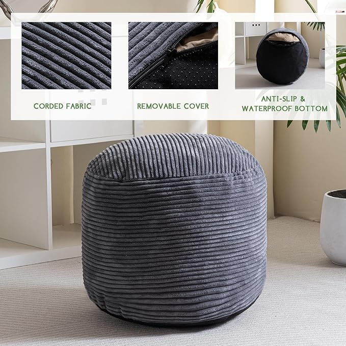 HIGOGOGO Round Stuffed Pouf Ottoman, Corduroy Poufs with Foam Chunk Filling, Furry and Fluffy Pouf Foot Stool Storage Ottoman, 20 X 15 Floor Poufs Foot Rest for Living Room, Dark Grey-Ruum Studio Home