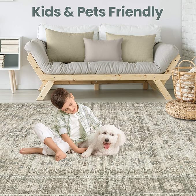 Washable Area Rugs for Living Room - 7x9 Neutral Vintage Distressed Floral Farmhouse Boho Large Soft Floor Rug Indoor Non Slip Carpet for Living Room Bedroom Dining Room Office - Brown/Tan-Ruum Studio Home