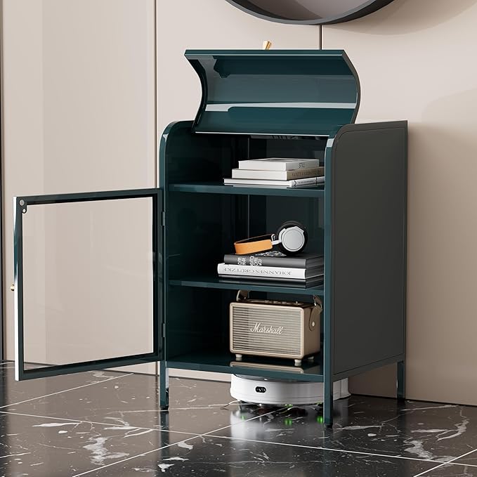 Modern Metal Side Tables Set of 2, End Tables with Glass Door, 2-Tier Nightstands with Storage Shelves, Accent Table, Slim Sofa Table for Living Room, Bedroom (Green)-Ruum Studio Home