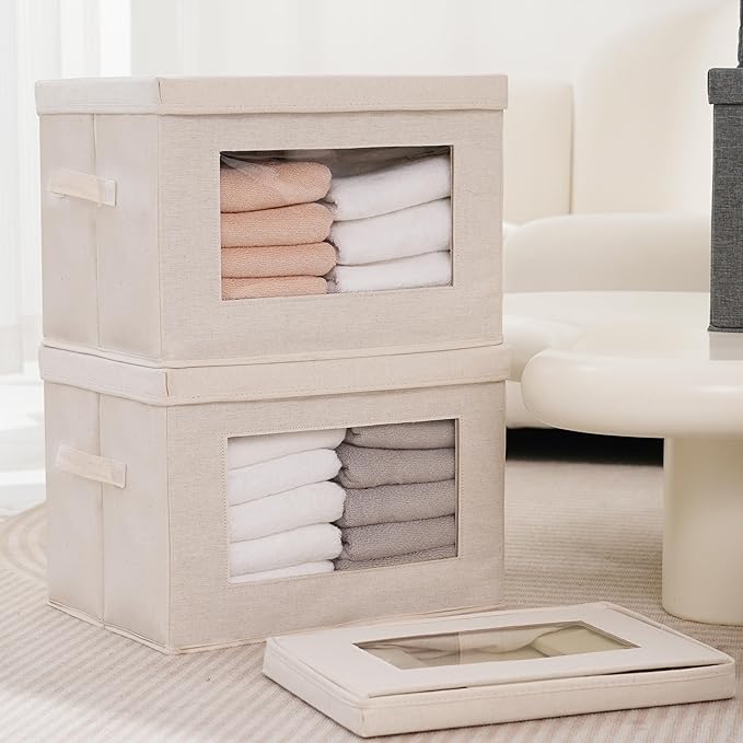Citylife 3 Pack Storage Bins with Lids, Fabric Foldable Storage Bins with Soft Cord Handles, Canvas Storage Bin with Lid for Organizing Clothes, Blankets and Books, Beige-Ruum Studio Home