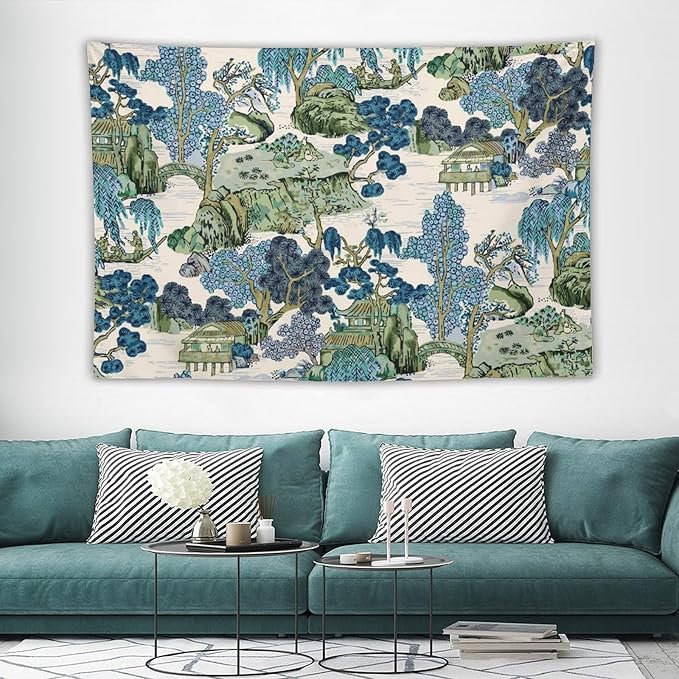 Chinoiserie Tapestry, Asian Watercolor Abstract Art, Japanese Wall Tapestry, Nature Landscape Tapestries for Bedroom, Living Room Decor 90"x60"-Ruum Studio Home