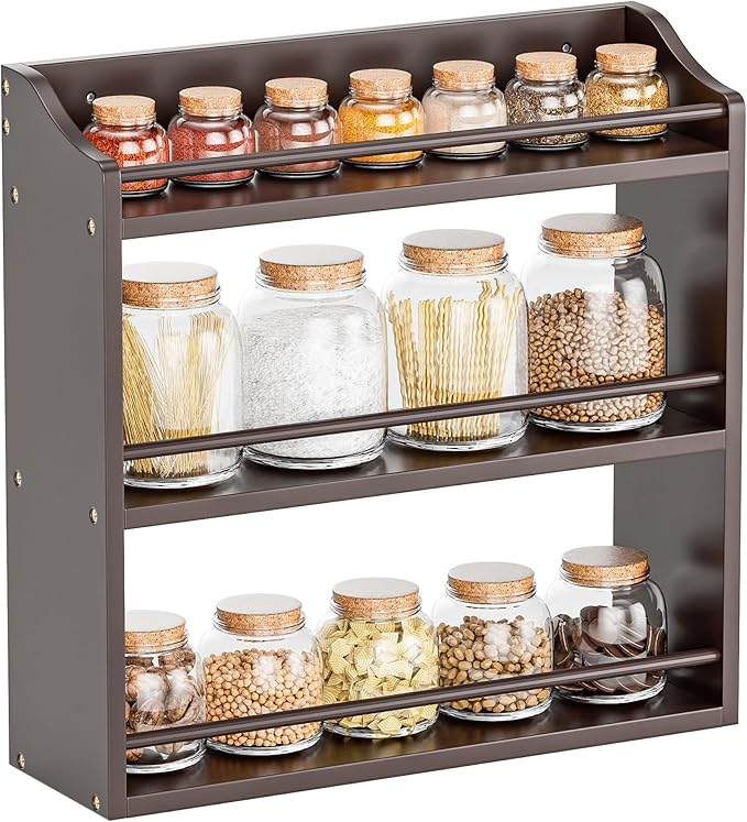 3 Tier Bamboo Wood Spice Rack, Seasoning Bottles Jars Organizer Shelf for Spices or Craft Supplies, Kitchen Counter or Wall Mounting (Brown)-Ruum Studio Home