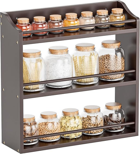 3 Tier Bamboo Wood Spice Rack, Seasoning Bottles Jars Organizer Shelf for Spices or Craft Supplies, Kitchen Counter or Wall Mounting (Brown)-Ruum Studio Home