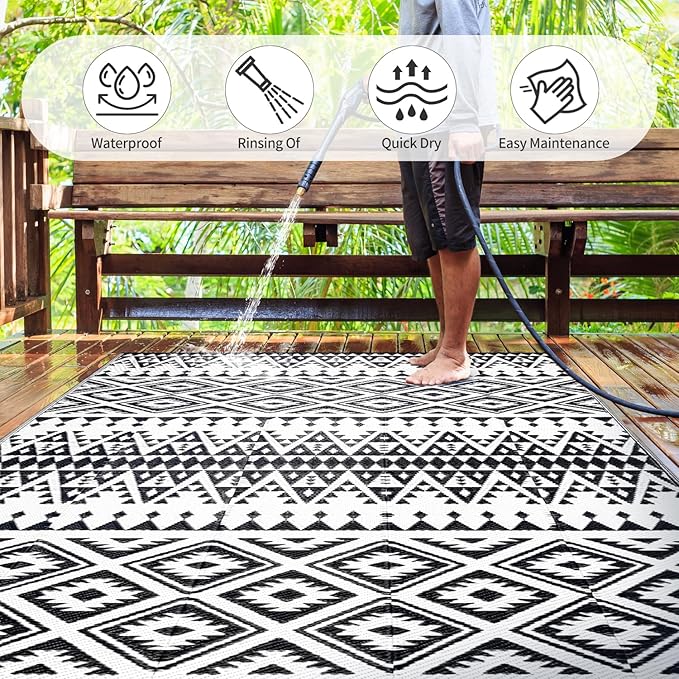 Waterproof Outdoor Rug 6x9ft, Bohemia Reversible Plastic Straw Mat for Patio RV Deck Porch Backyard Balcony Camping Picnic Beach Indoor Outdoor Carpet, Black&White-Ruum Studio Home