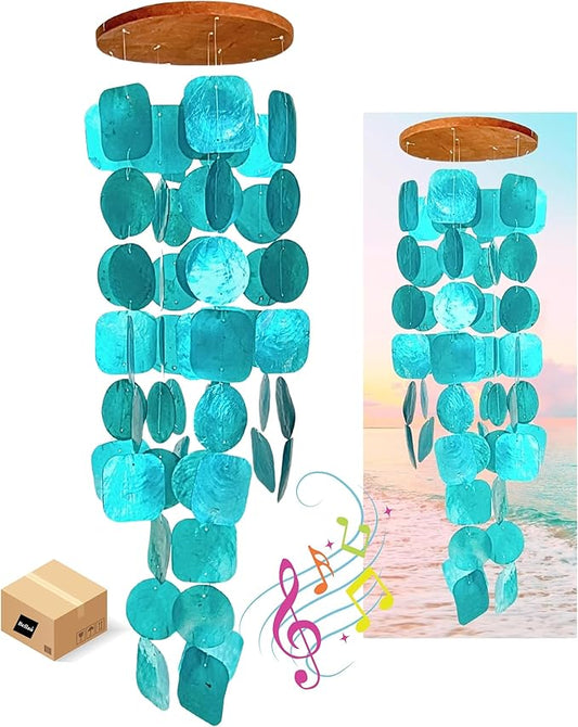 Bellaa 20744 Wind Chimes Outdoor, Garden Decorations, Musical, Indoor/Outside Windchimes, Beach, Ocean Breeze, Gifts for Mom, Gift for All Occasions, Capiz Sea Glass Shells Wood Turquoise Blue-Ruum Studio Home