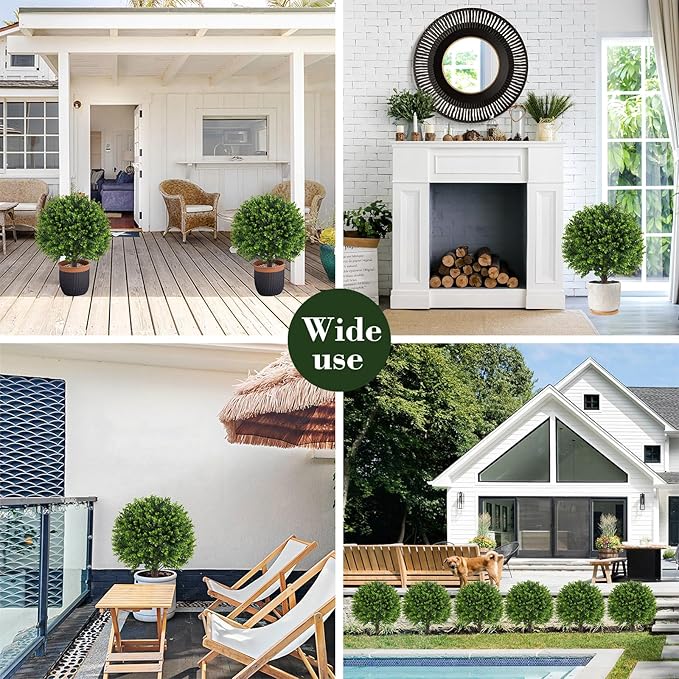 Artificial Boxwood Topiary Outdoor Plants with Spike, 2 Pack Faux Bushes UV Resistant Fake Shrubs for Front Porch Décor-Ruum Studio Home