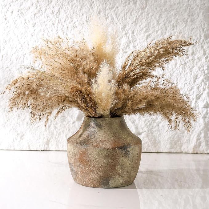 Mitt&Ditt Ceramic Flower Vase, 5.3 inch Pottery Farmhouse Rustic Vase, Handcrafted Weathered Vases, Small Flower Terracotta Vases for Home Decor, Living Room, Table, Shelf, Mantel, Neutral-Ruum Studio Home