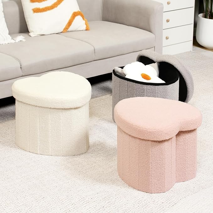 B FSOBEIIALEO Storage Ottoman Cube, Heart Shaped Ottomans with Storage Foot Stool Footrest for Lving Room, Boucle Ottoman Seat for Dorm Room,Faux Teddy Fur, Pink 15"x15"x15"-Ruum Studio Home