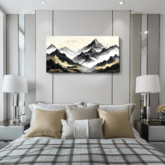 amatop Large Abstract Mountain Wall Art for Living Room Office Bedroom Modern Landscape Canvas Art Print Inspirational Artwork Horizontal Black Gold and White Nature Picture Wall Decor 48x24 Inch-Ruum Studio Home