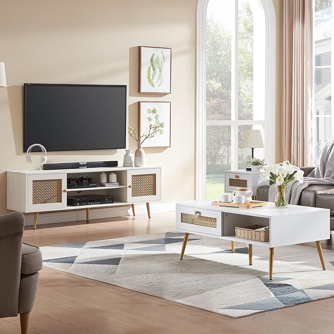 JYED Mid Century Modern TV Stand with Metal Mesh Doors and Open Shelf for 65" TVs,Antique White Media Console Wood Entertainment Center with Cable Holes for Living Room.59.06"x15.55"x20.87"-Ruum Studio Home