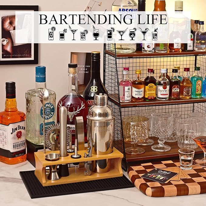 Bartender Kit Cocktail Shaker Set with Stand Bar Tool Bar Set for Drink Mixing Home Bartending Kit 11-Piece Bar Cart Accessories: Martini Shaker, Mixer Spoon, Jigger, Muddler, Strainer & Recipes Gifts-Ruum Studio Home