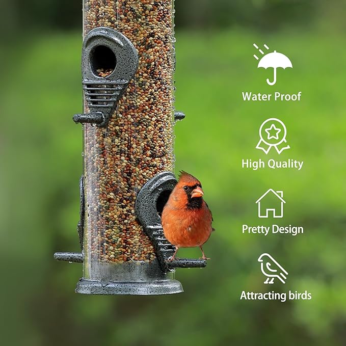 MIXXIDEA 1PK Metal Bird Feeders with 6 Feeding Ports,Tube Bird Feeder with Steel Hanger,Hard Plastic Wild Bird Feeder for Outdoors Hanging, Attracting Birds in Your Lawn, Garden, Balcony-Grey-Ruum Studio Home