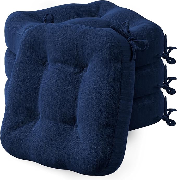 Codi Thick Kitchen Chair Cushions, Chair Pads for Indoor Dining Room 4 Pack - Washable, Non-Slip 3-Layer Seat Cushion with Ties, 16.5"x16.5"x 3.5", Set of 4, Navy-Ruum Studio Home