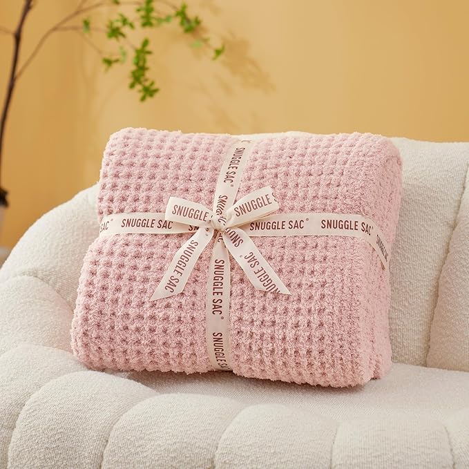 Snuggle Sac Ultra Soft Waffle Throw Blanket for Couch Bed Sofa 50x60 inches, Reversible Pink Blanket Microfiber Fluffy Fuzzy Cozy Knit Throws for Women Mothers Birthday Gifts-Ruum Studio Home