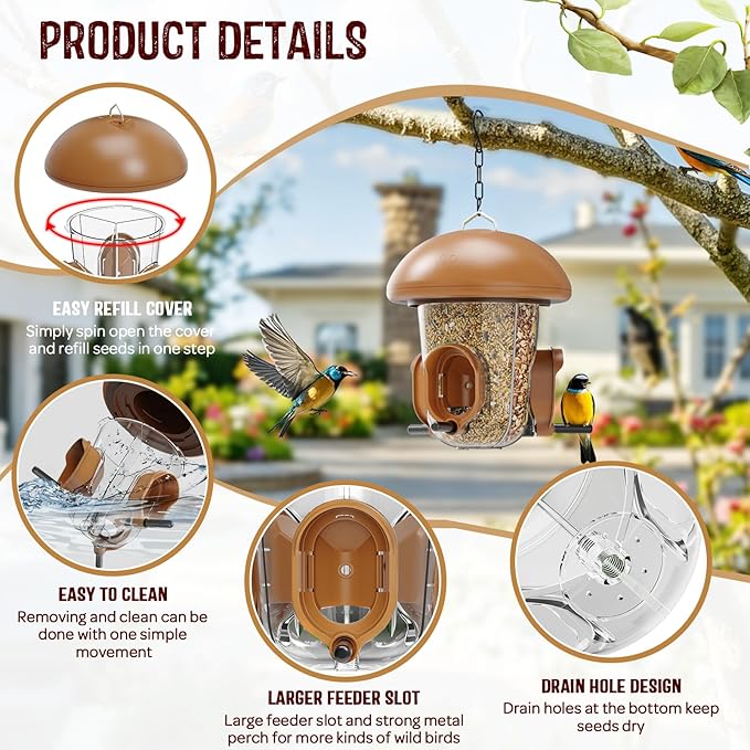 LONA Bird Feeders for Outdoors Hanging – 3 Separate Compartments, 3 Feeding Ports, Weatherproof Dome & 3 Ways to Hang, Large Capacity for Cardinals/Finches (Brown-Ruum Studio Home