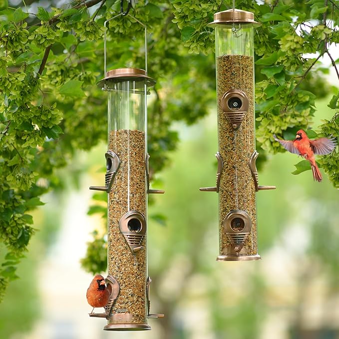 MIXXIDEA Metal Tube Bird Feeders for Outdoors - 6 Ports Hanging Feeder Attracts Wild Birds in Your Lawn, Garden, Balcony - Antique Copper - 1 Pack-Ruum Studio Home