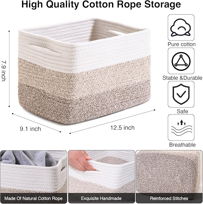 Shelf Baskets for Organizing, Storage Baskets for Shelves, Woven Baskets for Storage, Cotton Rope Baskets with Handles for Toy, Book, Clothes, 12.5"Lx9.1W"x7.9H", (4 Packs) Gradient Brown-Ruum Studio Home