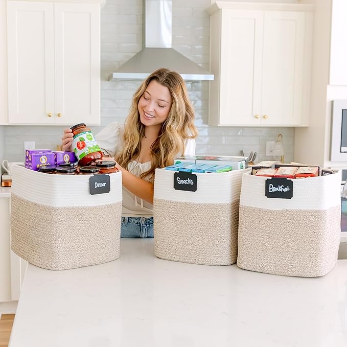 NaturalCozy 13x15x13 Kallax Storage Cubes Bins, 3 Pack | Cotton Rope Cube Storage Bin Woven Baskets for Organizing | Kallax Insert Storage Baskets for Shelves Organizer, Kids Toy, Closet Baby Nursery-Ruum Studio Home