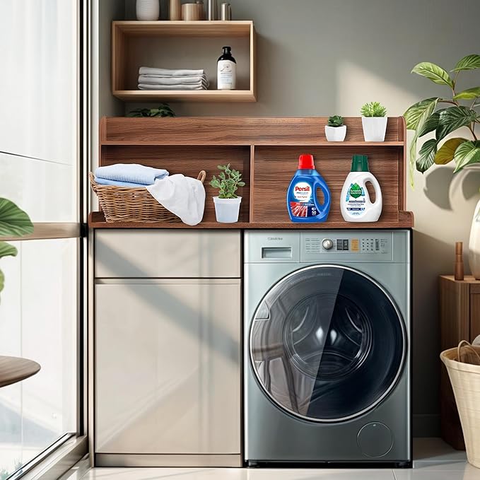 Royxen 2-Tier Washer Dryer Countertop,19.5" H Wood Washer and Dryer Topper with Shelf,Laundry Countertop Over Washer and Dryer, Universal Fit for Laundry Room Organization (Walunt, 54" WX27.5 D)-Ruum Studio Home