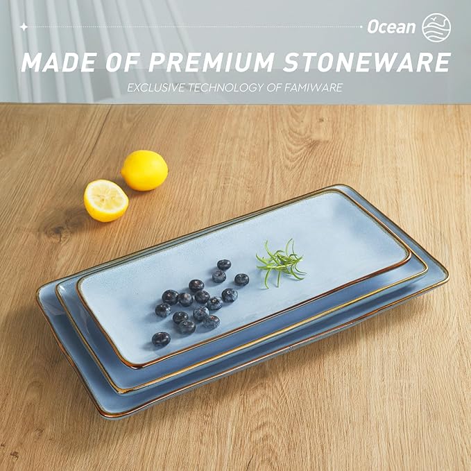 famiware Serving Platter, Rectangular 15.67/14.1/12.6inch Serving Dishes for Entertaining, Reactive Glaze, Stoneware Serving Trays for Party, Food, Turkey, Snack, Cheese, Ocean Series, Blue-Ruum Studio Home
