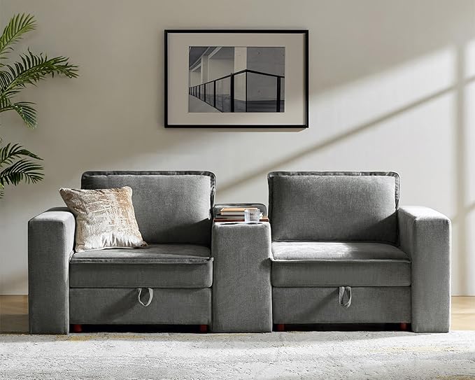 HULALA HOME 88" Loveseat Sofa with USB Port and Console, Oversized 2 Seater Sofa with Storage Ottoman, Comfy Upholstered Loveseat Couch for Living Room Bedroom, FSC Certified, Grey-Ruum Studio Home