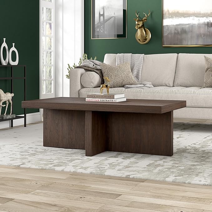 Henn&Hart 44" Rectangular Wood Pedestal Low-Profile Coffee Table for Living Room, Family Room, or Office, Alder Brown-Ruum Studio Home