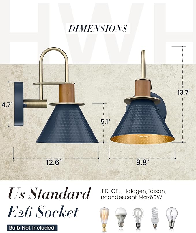 Modern Wall Sconces, HWH Industrial Sconce Wall Lighting Indoor Wall Lamp, Gooseneck 1-Light Barn Vanity Light for Kitchen Bedroom, Hammered Metal Shade, Navy Blue Finish, 5HZG74B-L BL+BG-Ruum Studio Home