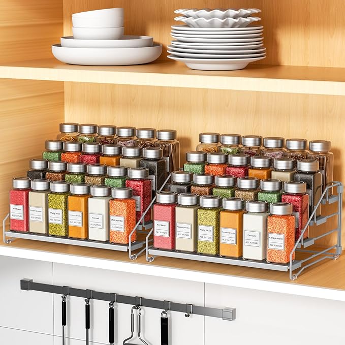 RCHYFEED 4 Tier Spice Rack Organizer, Spice Organization for Cabinet,Pantry, Countertop,Tiered Spice Rack Easy Visibility,Depth Expandable Seasoning Shelf for Kitchen Cabinet Organizer,Silver,2 PACK-Ruum Studio Home
