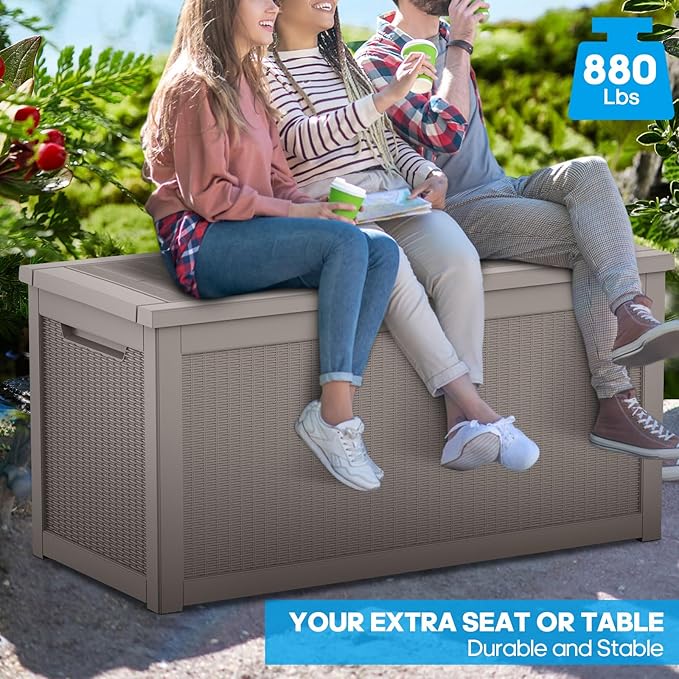 Large Deck Box 260 Gallon, Resin Patio Storage Box with Lockable Lid for Patio Furniture, Garden Tools, Pool Accessories, Weatherproof Outdoor Storage Bin, Brown-Ruum Studio Home
