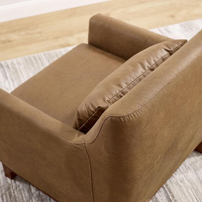 Extra Deep Accent Chair, Comfy Fabric Armchair with Wood Base, Upholstered Single Sofa Chair for Living Room & Bedroom, Faux Leather Brown-Ruum Studio Home