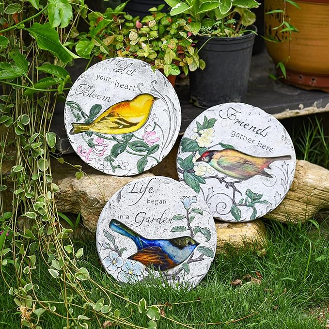 Sungmor 3PC Pretty Garden Stepping Stones, 9.5" Large Concrete Decorative Stones with Beautiful Pattern, Unique Outdoor Lawn Accents, Yard Walkway Flower Bed Wall Shelf Welcome Friends Decorations-Ruum Studio Home