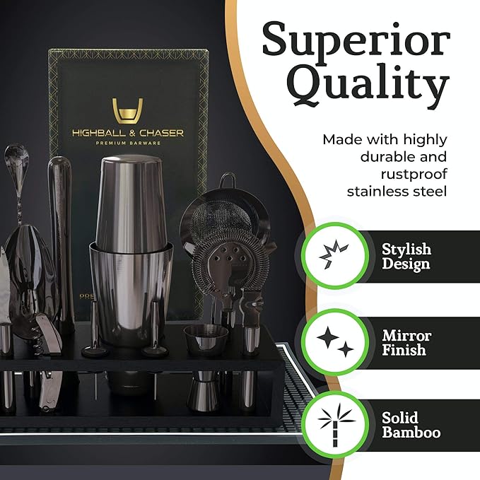 Highball & Chaser 13-Piece Gunmetal Black Stainless Steel Boston Cocktail Shaker Bar Tool Set with Mixology Bartender Kit Accessories-Ruum Studio Home