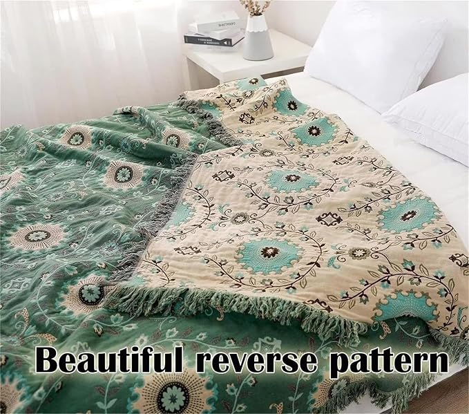 Boho Throw Blanket for Chair Couch Bed 90''x 98'', 100% Cotton Quilt Floral Mexican Blanket Muslin Gauze Blankets Super Soft Lightweight Versatile KnitWoven Bed Blanket for Home Decor-Ruum Studio Home